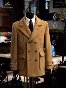 Woolen Peacoat for Men in Tan Beige